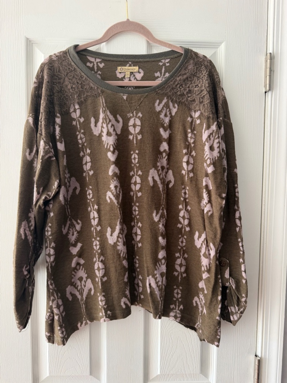 Johnny Was Brown & Pink Ikat-Pattern Lace-Shoulder Crewneck Sweater